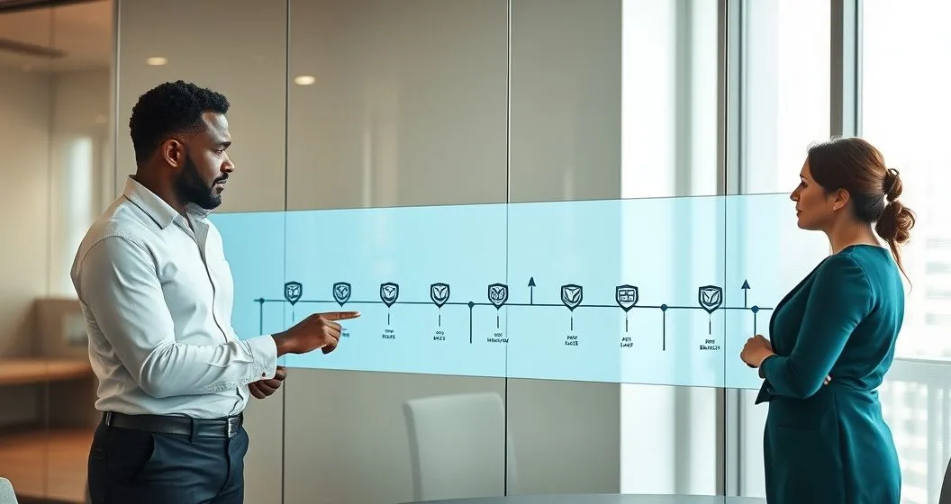 Mortgage advisor and clients reviewing a touchscreen timeline that shows a fixed period turning into an adjustable period with cap shields and breakpoint markers