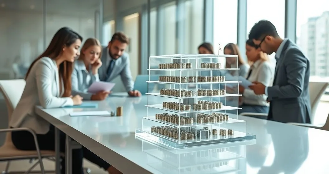 Clear acrylic building model with stacked translucent layers on a conference table while diverse professionals point and discuss financing allocations