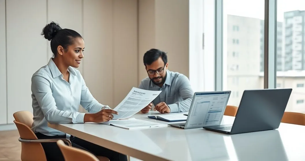 Tax advisor reviews an IRS adjustment notice and recalculated tax figures with a couple at a modern conference table