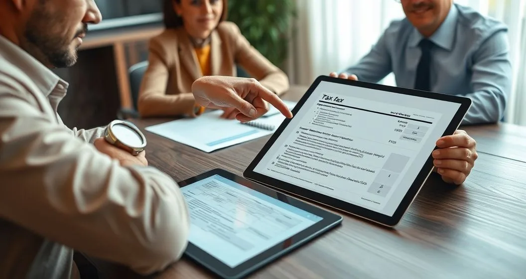 Tax advisor points to highlighted red flags on a tax return while a tablet shows flagged entries for mismatched income high deductions charitable gifts and Schedule C losses in a modern office.