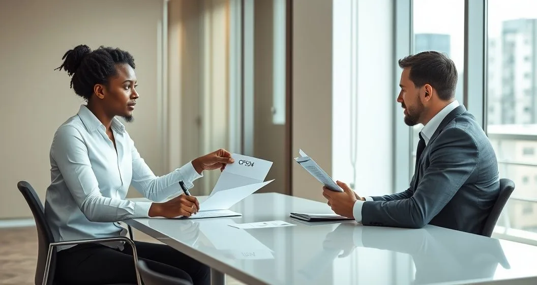 Tax advisor shows a client an IRS CP504 final notice across a clean conference table in a modern office.