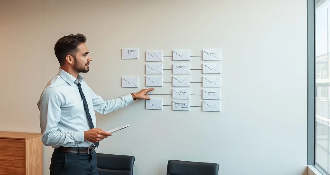Tax advisor and client pointing at a ladder diagram of staged envelopes that represent IRS collection notices in a clean modern office