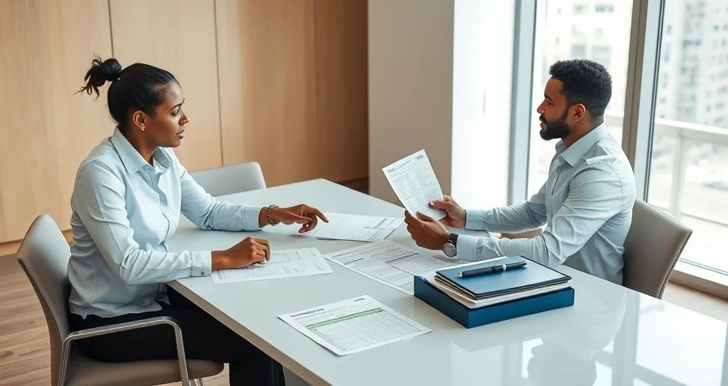 Tax advisor and client reviewing Form 433 F and related financial documents on a conference table in a modern office