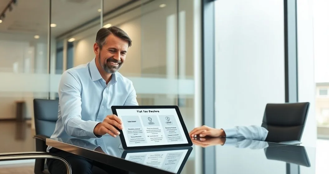 Tax advisor explaining repayment options to a taxpayer using a tablet showing three icons for payment plan settlement and lien protection in a modern office.