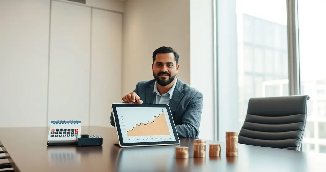 Tax advisor pointing at a tablet with a daily accrual chart next to a calendar calculator and coins illustrating daily compounded interest