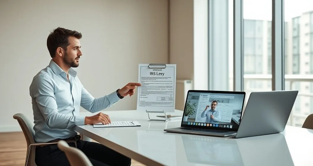 Payroll manager points to IRS levy notice while business owner and contractor review invoice on laptop