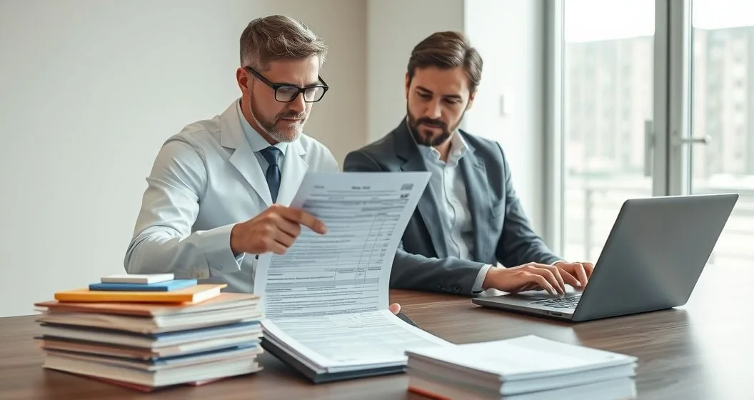 Two professionals reviewing a blurred Form 1041 and Schedule K 1 with a tablet and laptop in a minimalist conference room