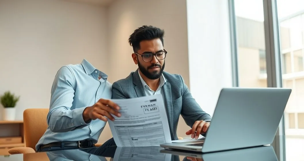 Tax advisor and client reviewing a compromised tax return and identity documents at a minimalist office desk while advisor types on a laptop