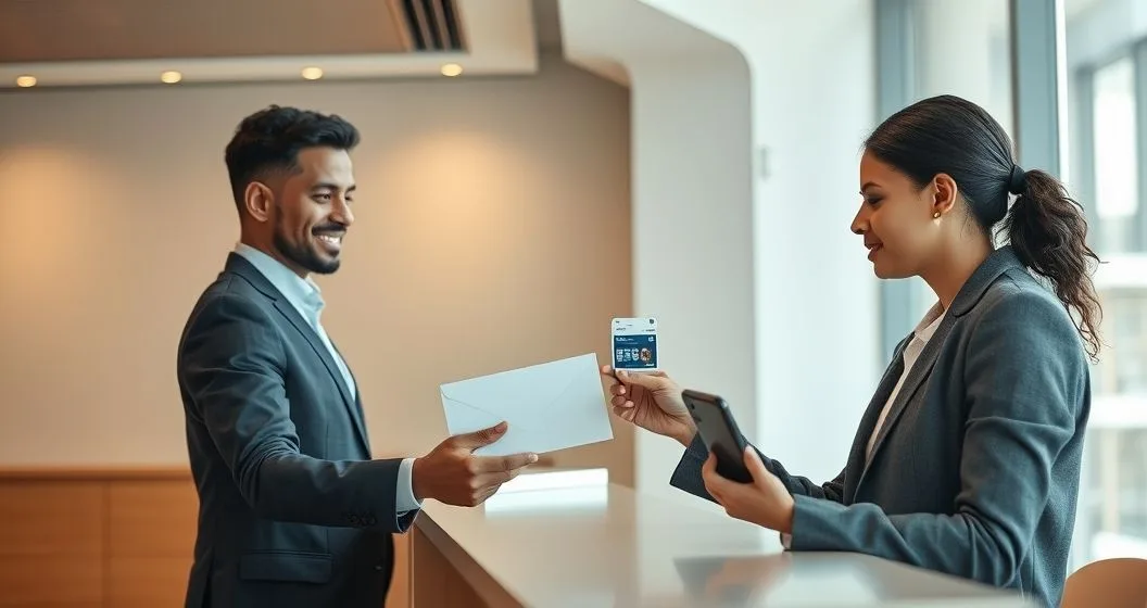 Bank representative handing an official sealed envelope to a customer who holds a photo ID and a smartphone in a modern financial branch