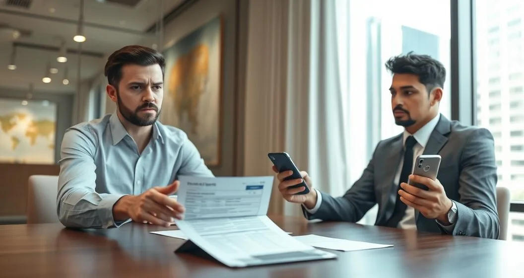 Tax advisor pointing to a blurred payroll stub while a concerned employee listens and holds a phone in a modern office