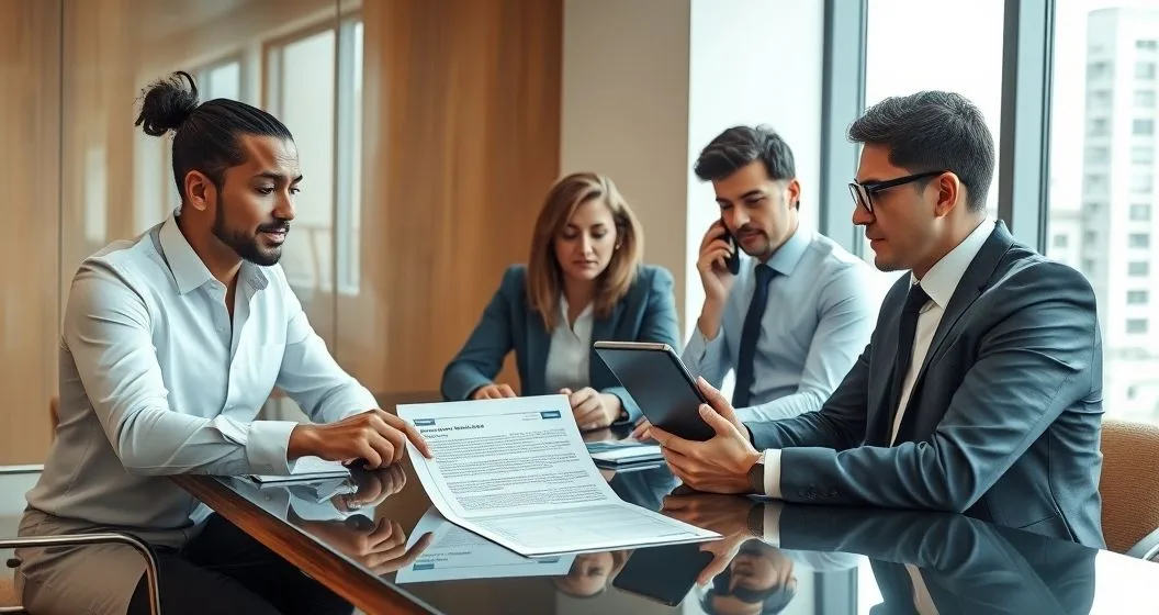 Tax professionals and a client in a modern conference room reviewing a bank levy notice one points to the document another highlights exempt funds on a tablet while the client uses a phone