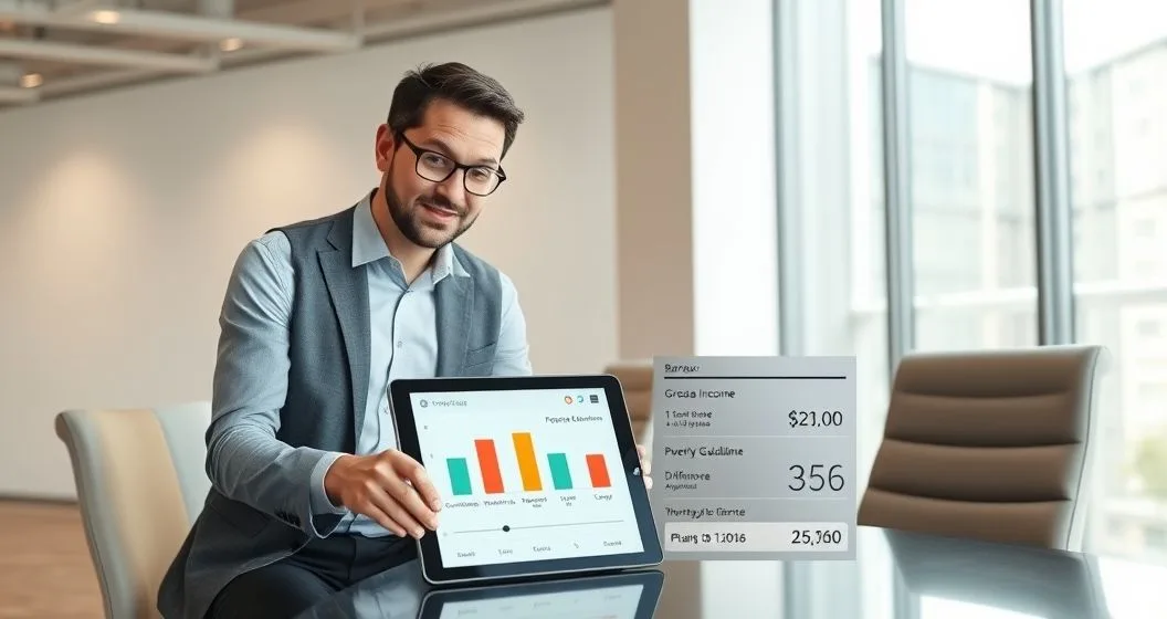 Financial advisor and borrower reviewing a tablet with a bar chart showing gross income, poverty guideline baseline and highlighted discretionary income, a slider indicating plan percentage and a calculator with the monthly payment broken into twelve