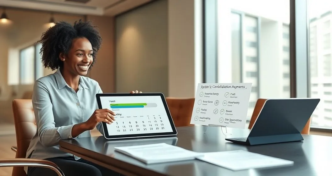 Financial advisor and borrower review a tablet infographic showing reduced monthly payments, a checked calendar of payments, and two forgiveness pathways in a modern office.
