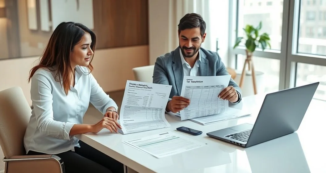 Tax advisor points to a highlighted discrepancy on an income mismatch notice while a diverse couple holds a W-2 and a brokerage statement at a minimalist office table
