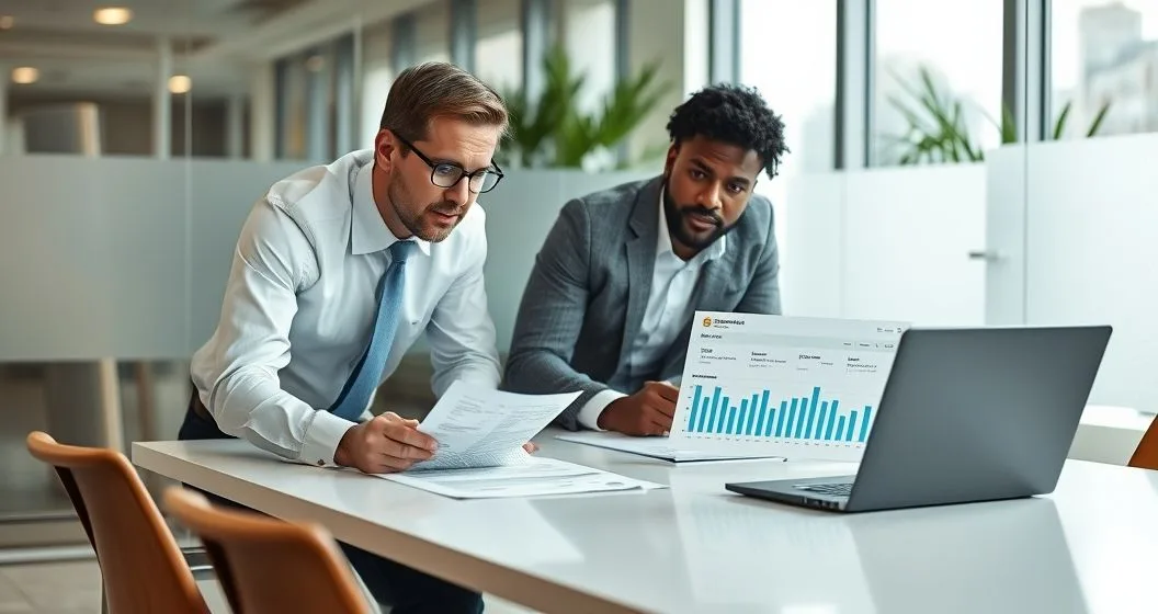 Loan officer and small business owner review bank statements contracts and a laptop dashboard in a modern office