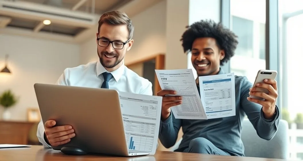 Loan officer reviews bank statements 1099 Schedule C and invoices with a gig worker in a modern office
