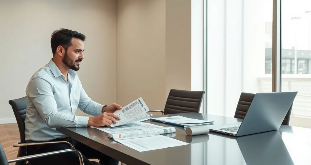 Small business owner and mortgage officer reviewing tax returns profit and loss statements and bank statements across a modern conference table