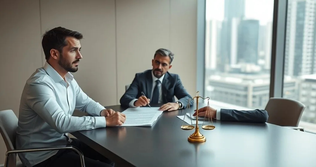 Borrower and loan officer at a conference table as an attorney points to a clause on a loan agreement with a small balance scale on the table representing liability and indemnity.
