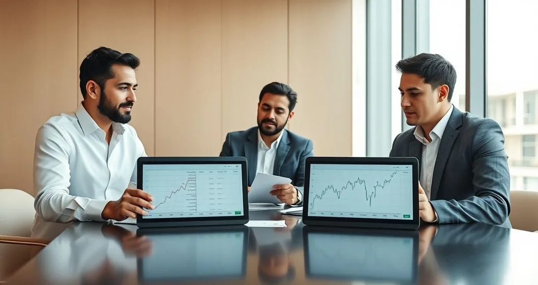 Mortgage adviser and two clients comparing a flat interest graph and a rising jagged interest graph on tablets to illustrate fixed rate versus variable rate loans under inflation