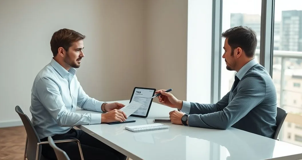 Small business owner and accountant comparing W-2 and 1099 documents with a tablet highlighting a discrepancy at a modern conference table