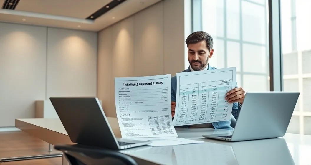 Small business owner and tax advisor reviewing an installment payment plan and loss spreadsheet in a modern office