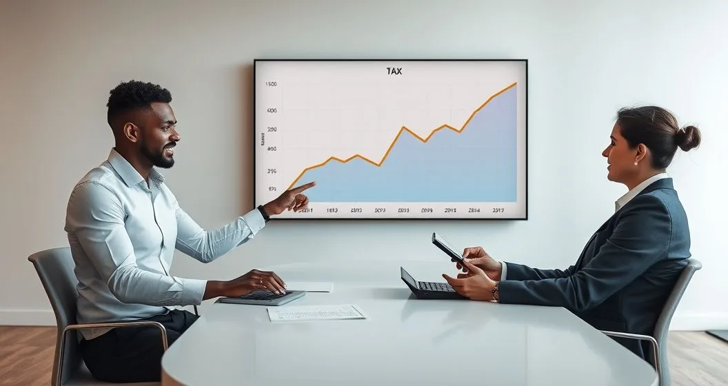 Tax advisor points to a wall display with two separate rising colored line graphs while a client checks a calculator, illustrating accumulating penalties