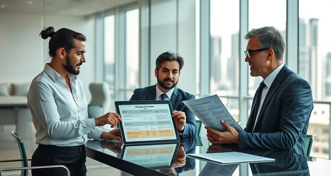 Three professionals reviewing a tablet showing loan priority layers and a printed agreement in a modern conference room