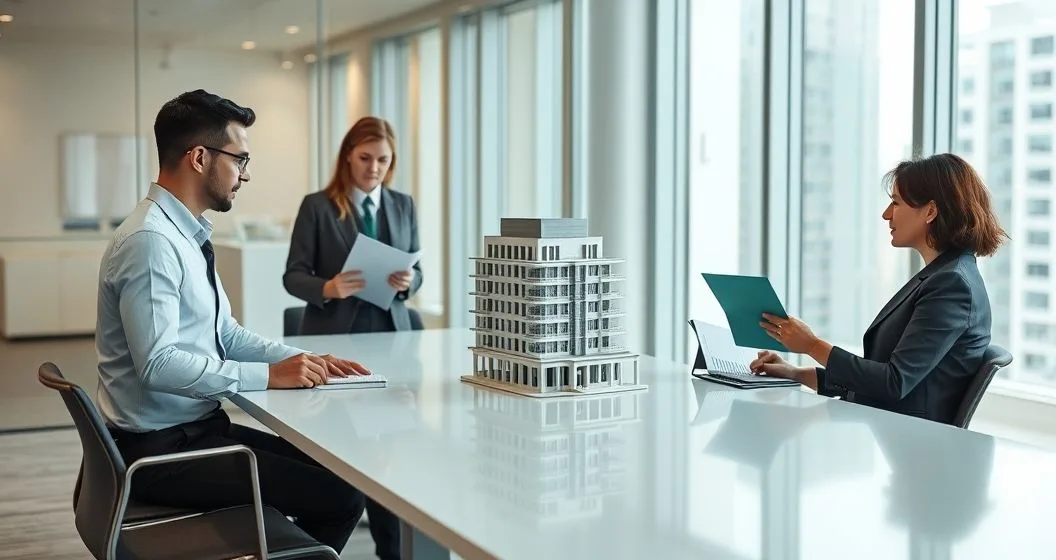 Three diverse lenders in a modern conference room arranging documents around a small model building representing shared collateral