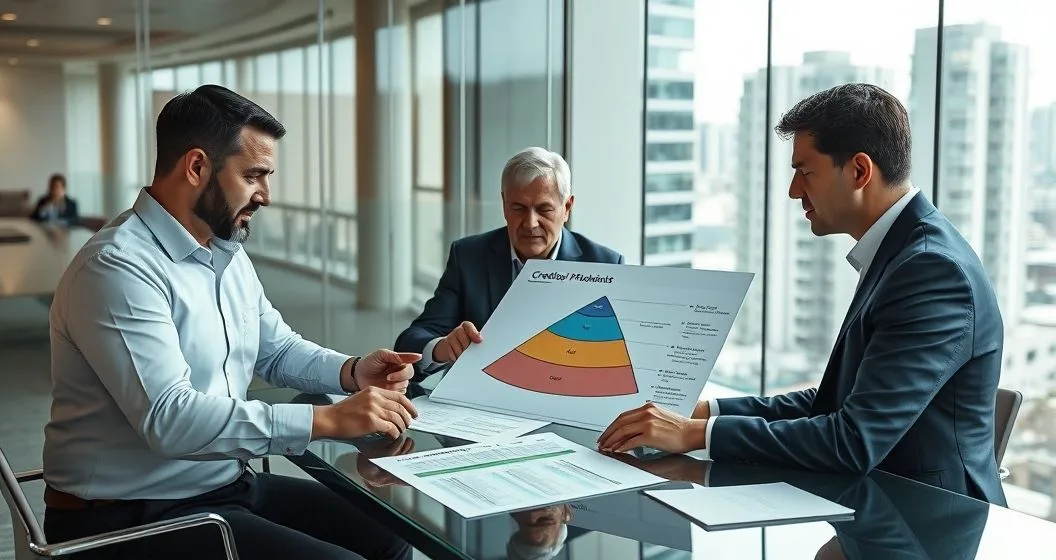 Four diverse finance professionals in a boardroom reviewing a tablet showing a layered priority diagram while pointing at printed diagrams