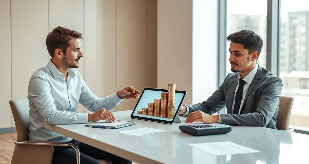 Financial advisor shows student a tablet with 3D coins being added to a principal stack to illustrate unpaid interest being capitalized and increasing the loan balance.