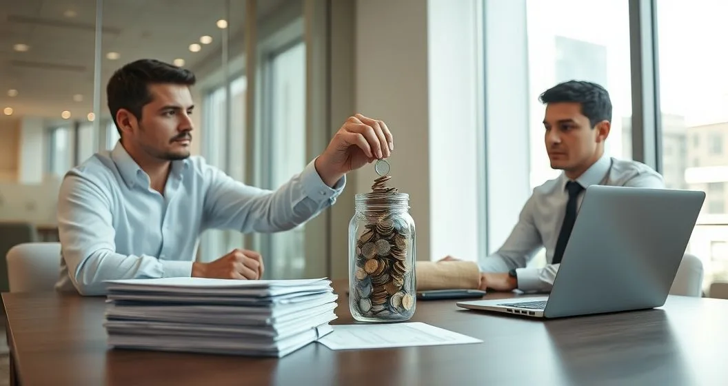 Advisor pouring coins from a small jar into a larger jar on a conference table with loan documents nearby representing unpaid interest being added to principal