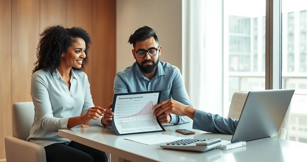 Three professionals at a modern desk reviewing a printed checklist and tablet with a rising amortization curve