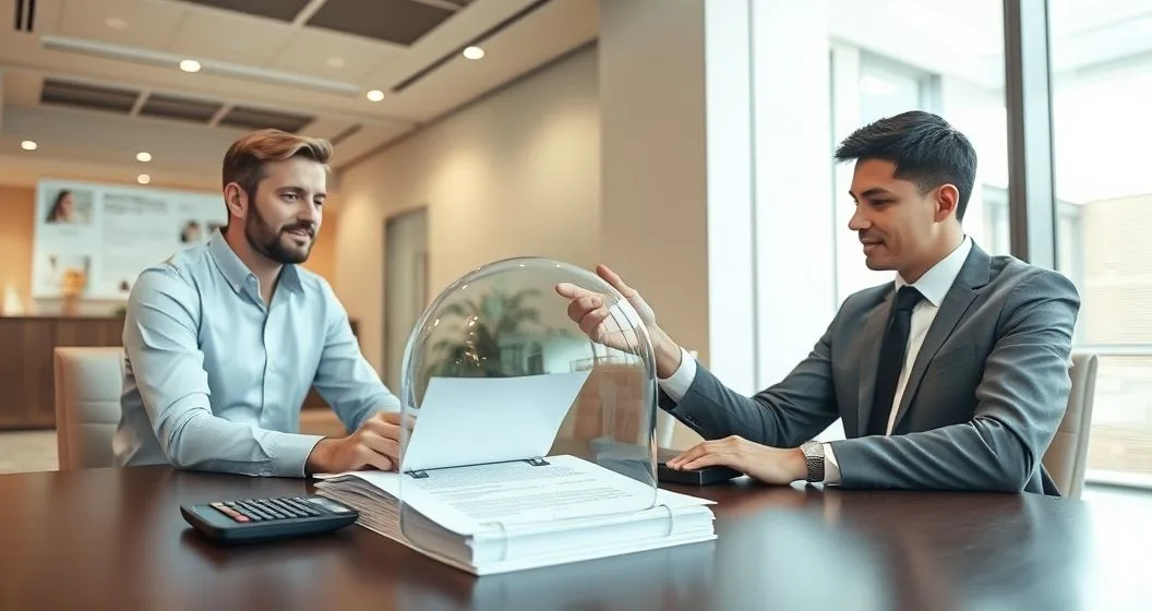 Small business owner and loan officer with a clear dome placed over loan documents and a calculator symbolizing protection from rising interest rates