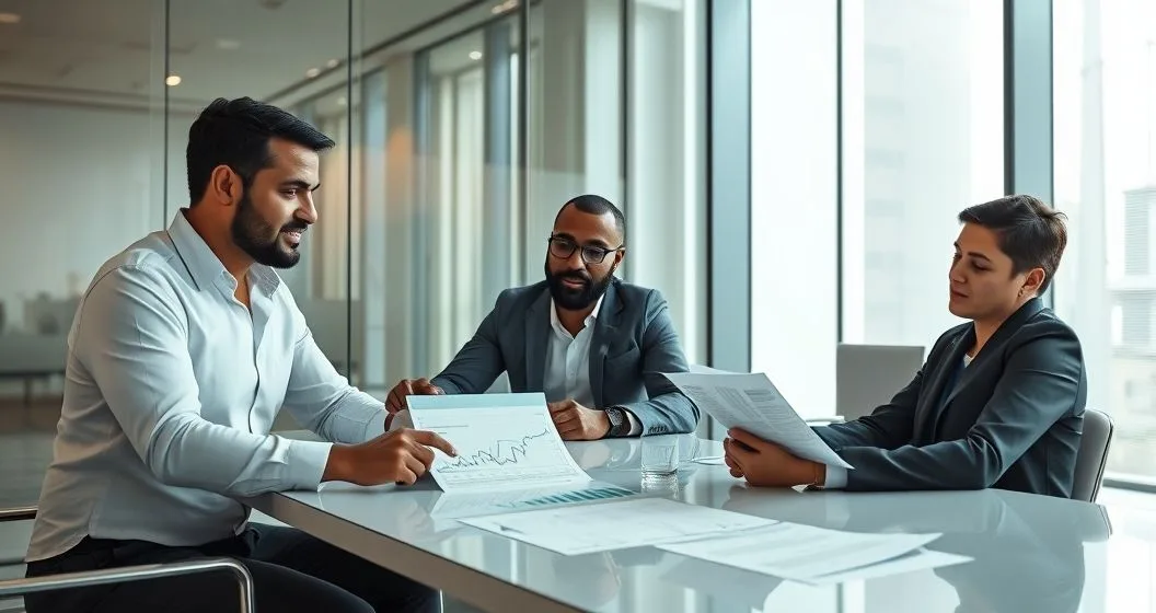 Three professionals in a modern conference room reviewing a tablet showing a fluctuating interest line and a shaded rate band representing swaps caps and collars