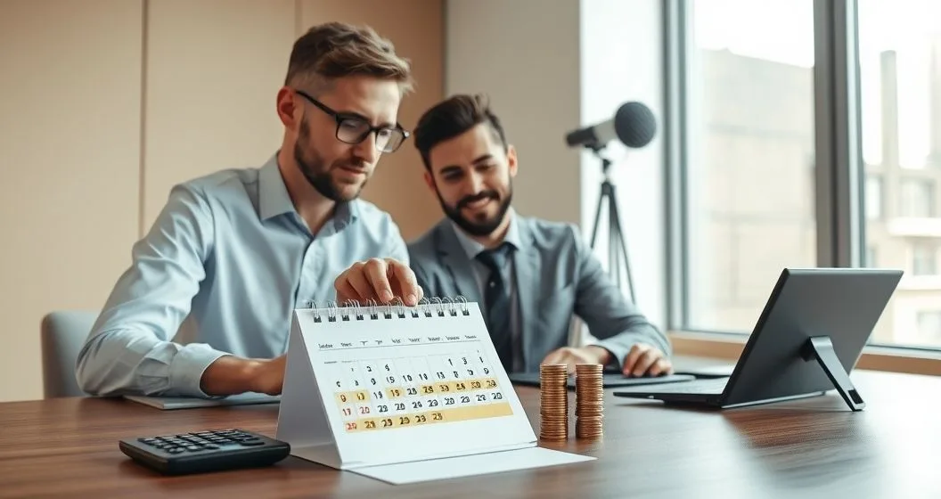 Tax advisor and client at a conference table with a calendar showing stacks of coins across consecutive days next to a tax notice envelope.