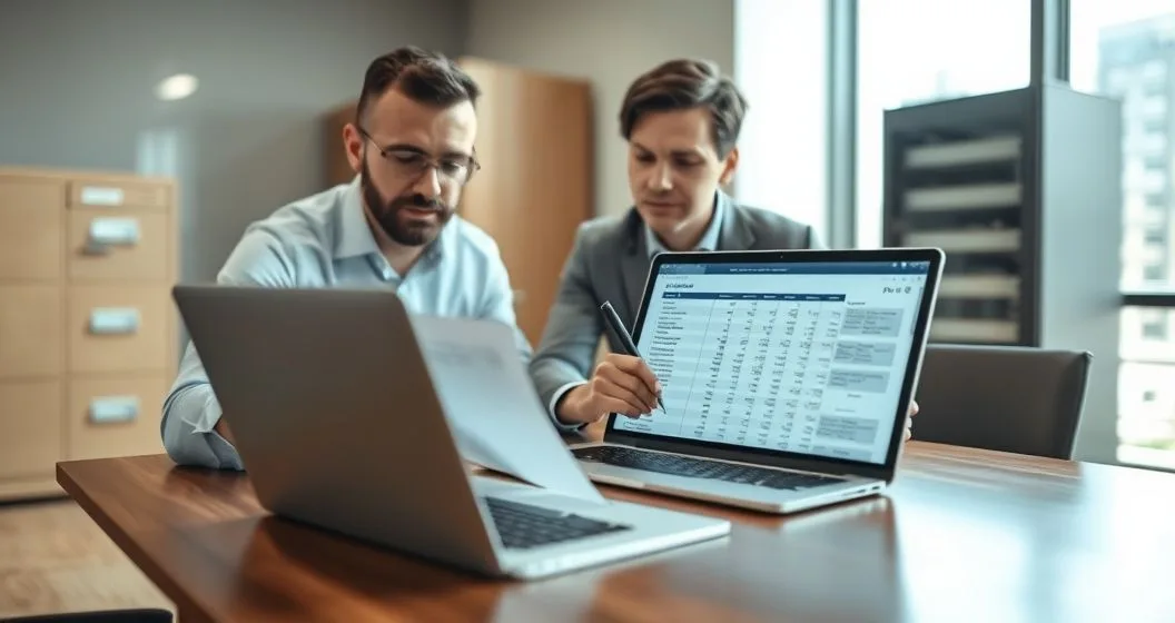 Two finance professionals review payroll on a laptop while one signs a checklist, with a locked cabinet and server rack in the background indicating secure controls