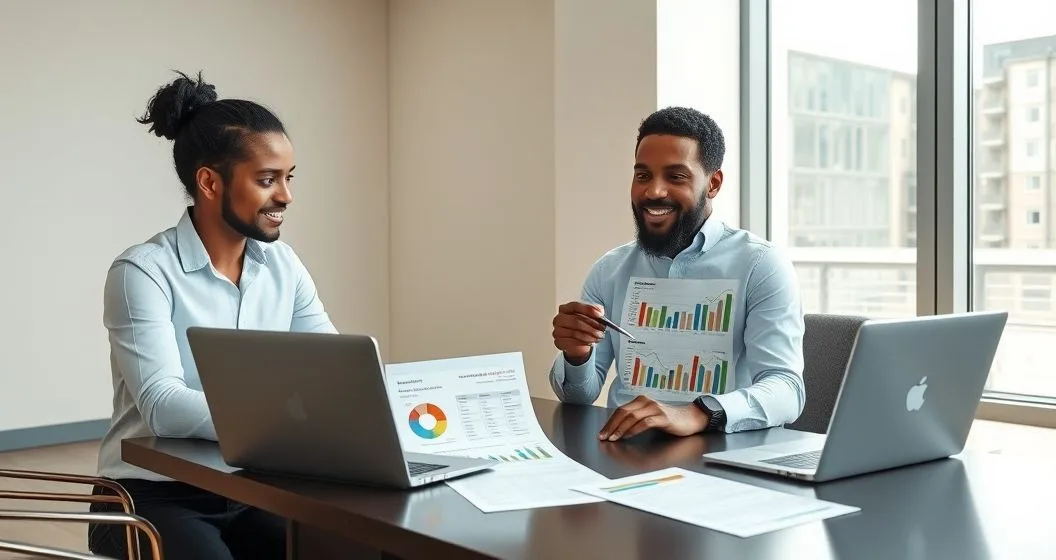 Financial advisor and small business owner reviewing a credit report on a laptop and printed summary with advisor pointing to visual metrics