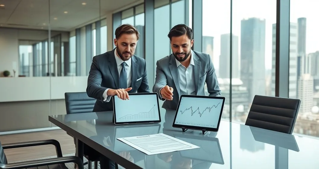 Two business professionals in a glass boardroom pointing at a tablet displaying two line graphs representing fixed and floating interest rates with exchange arrows, a loan document on the table