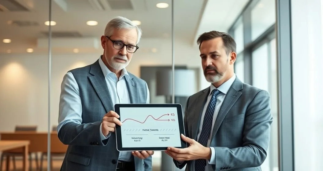 Financial advisor explains interest rate swap to small lender using tablet showing steady and wavy interest flow lines representing fixed and floating rates