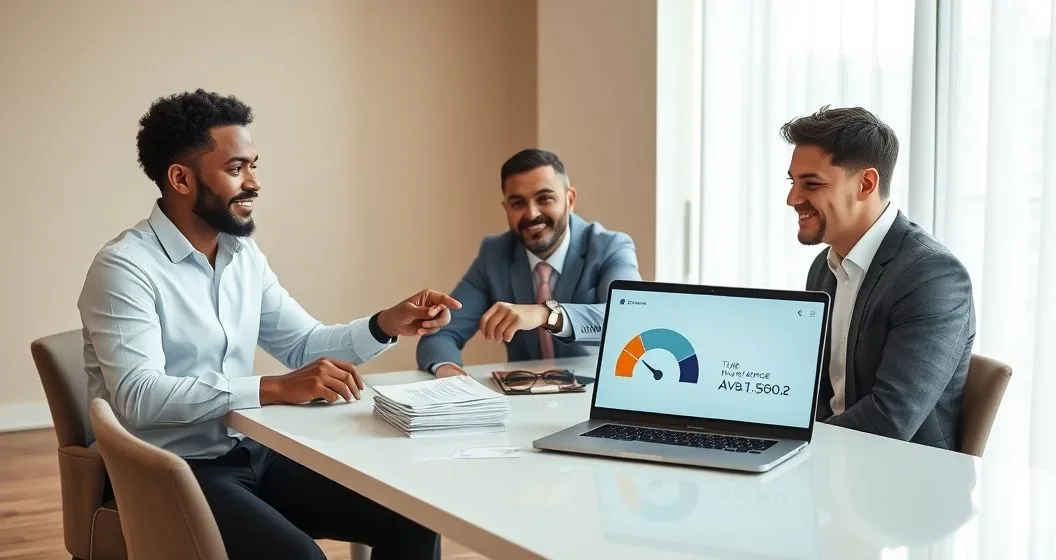 Two small business owners and an advisor at a clean conference table comparing a pile of invoices with cash and a laptop showing a credit availability gauge to illustrate invoice advance versus short term line of credit