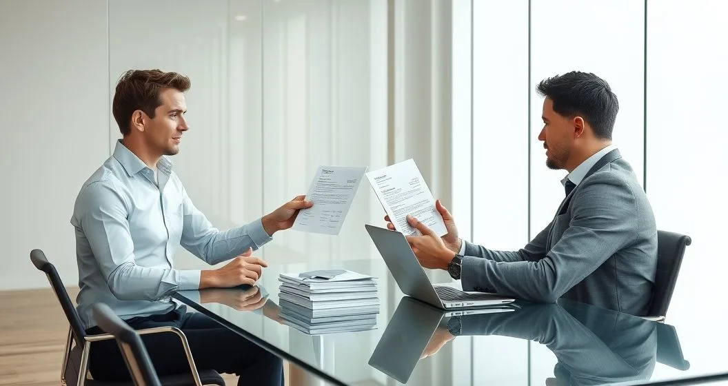 Business owner receiving funds from bank representative with invoices on the table while calling a client