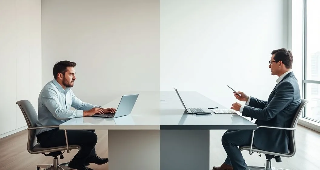 Split scene showing a company CFO managing invoices and client communication on one side and a factoring agent taking invoices and handling a client on the other in a modern conference room.