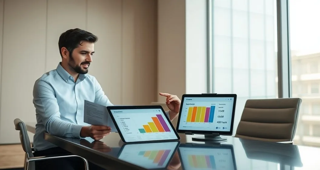 Two professionals at a conference table examining invoices and a tablet with a segmented bar chart representing financed advance and reserve.