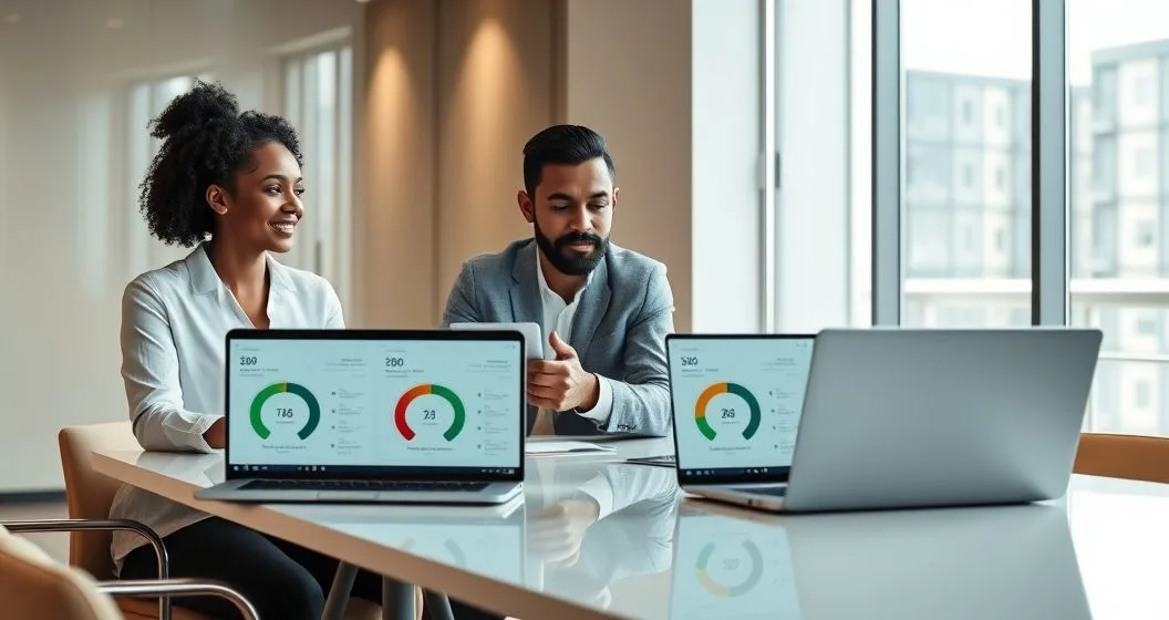 A financial advisor with a diverse couple reviewing a tablet and two laptops that display mirrored credit score dials and a linked loan icon representing shared loan effects on both credit reports
