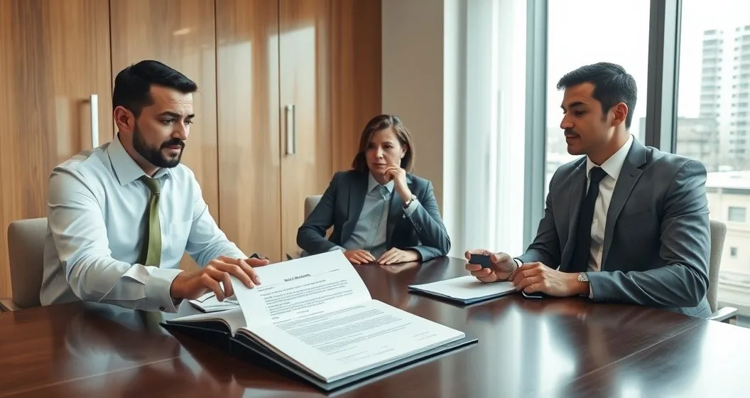 Tax attorney placing a levy notice on a property deed between two co owners in a modern office while one owner appears concerned