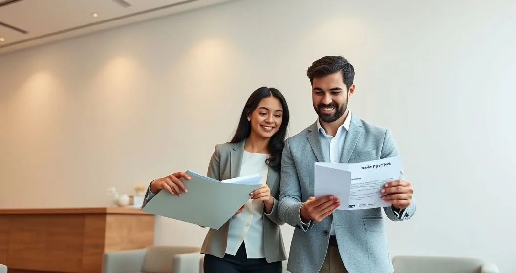 Mortgage officer reviews financial reserves and credit documents with a couple in a modern conference room