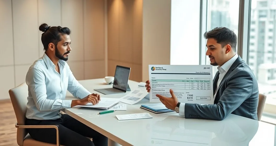 Mortgage underwriter and borrowers reviewing bank statements asset documents and a property appraisal in a modern office