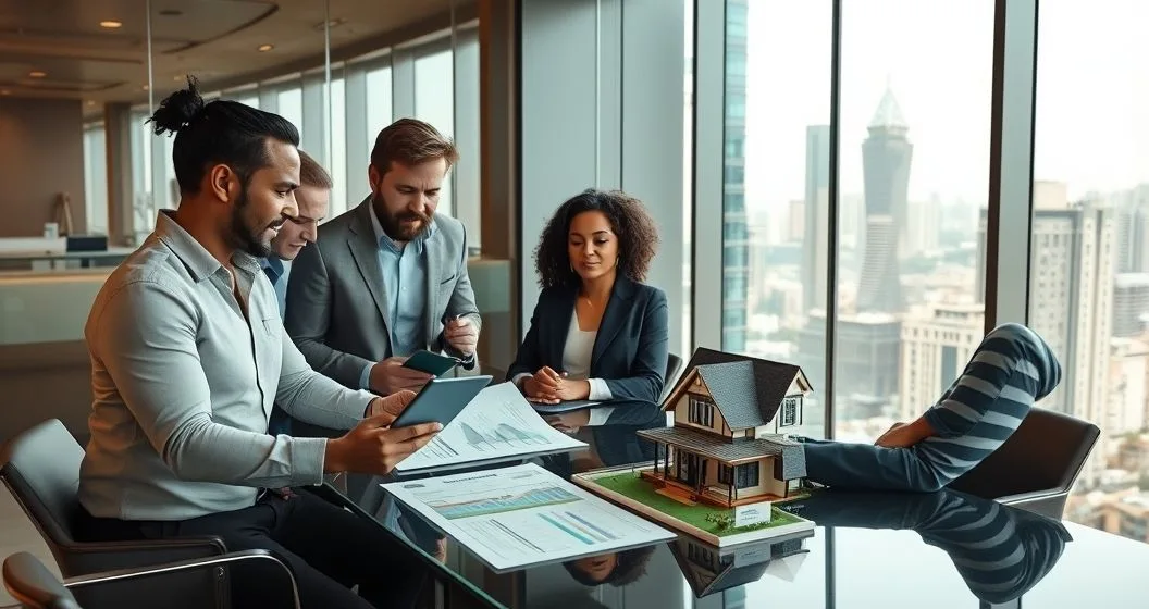 Three diverse professionals at a glass conference table reviewing a tablet and a small house model while discussing jumbo loan details in a luxury office