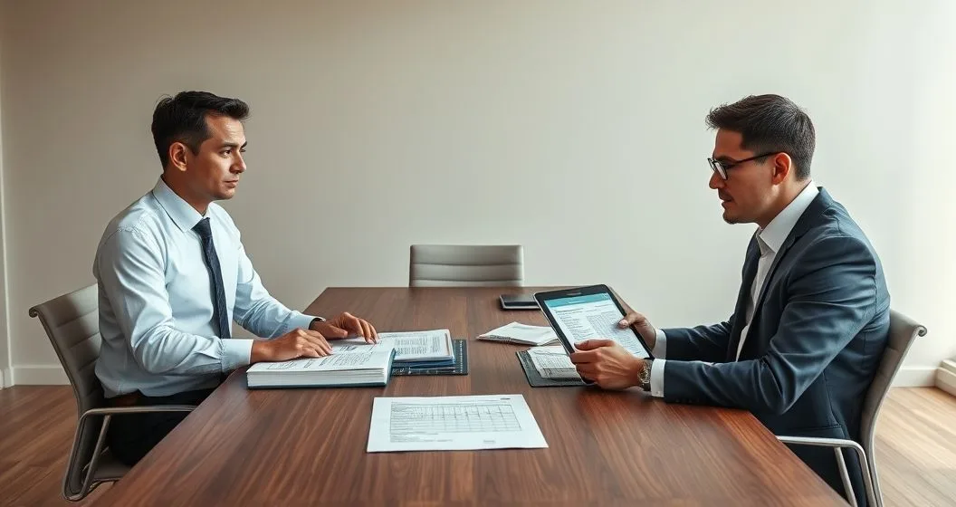 Tax attorney presenting organized evidence to an IRS appeals officer across a clean conference table