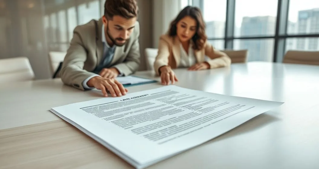 Borrower and loan officer pointing at highlighted clauses on a loan agreement on a clean conference table